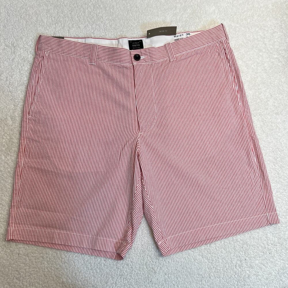 NWT J.Crew Mens Shorts Stretch Flat Front Seersucker Stripes Red/White Size 36